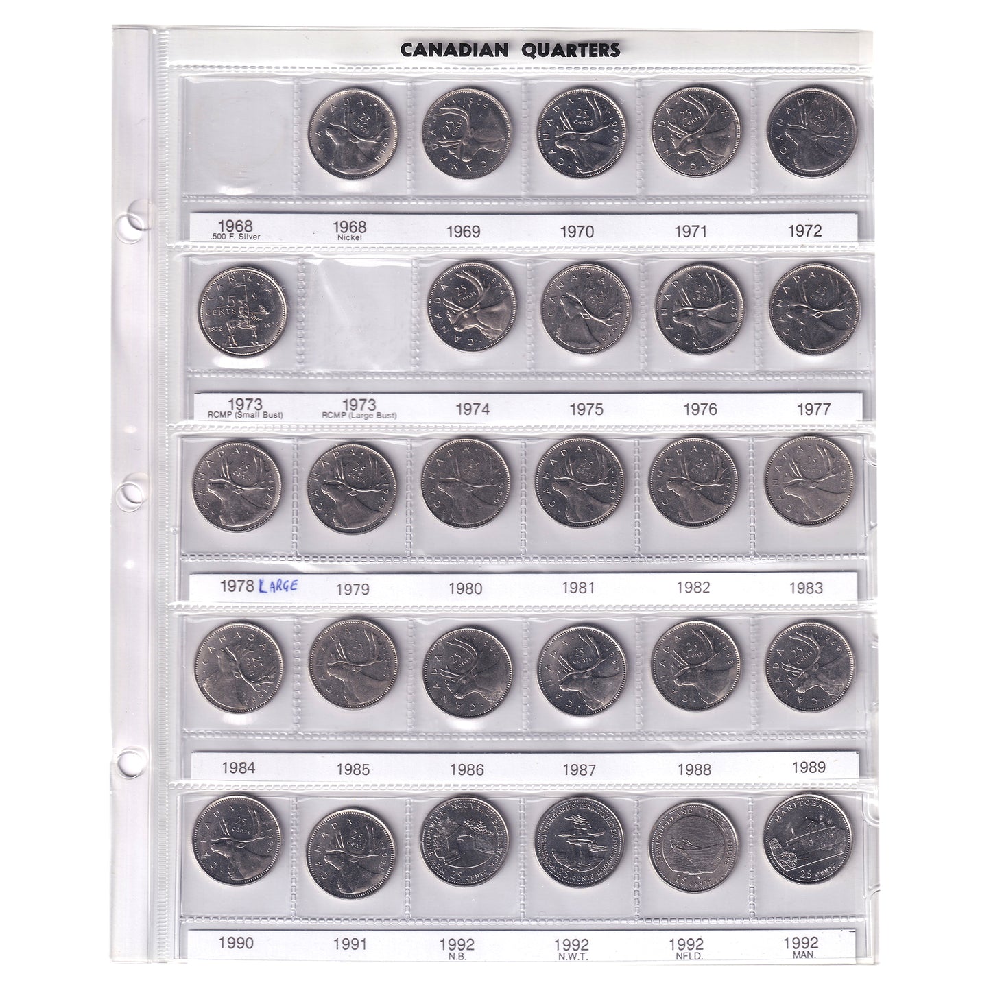 Estate Lot of 65x 1943-1999 Canada 25-cents in Brown Unisafe Album