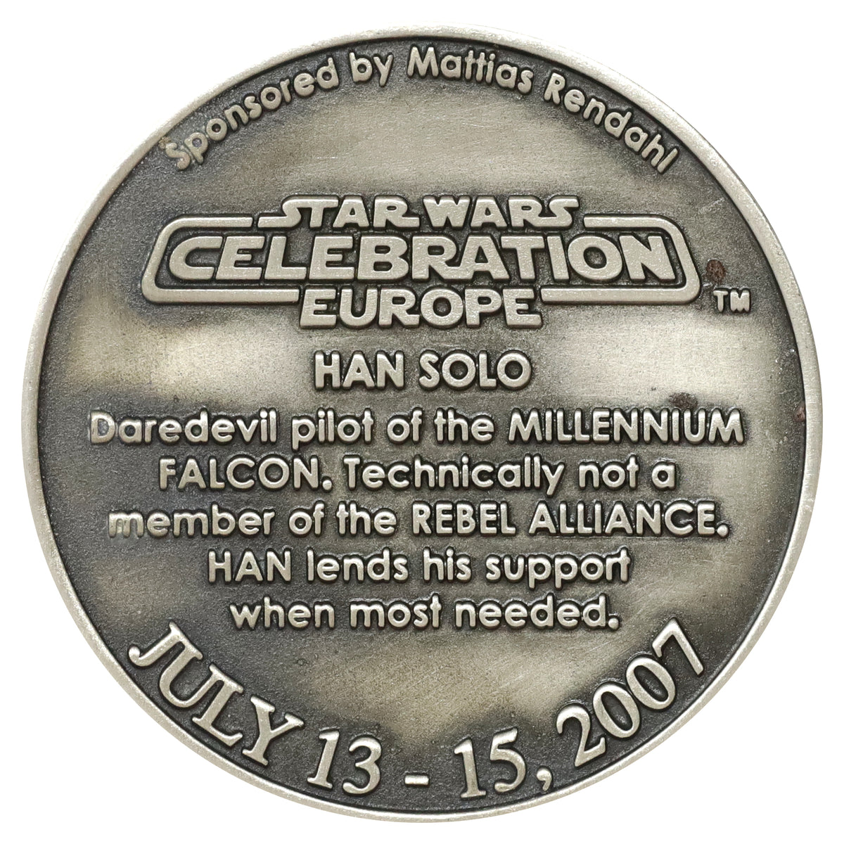 2007 Star Wars Celebration Europe Sweden Han Solo 5 cm Medallion