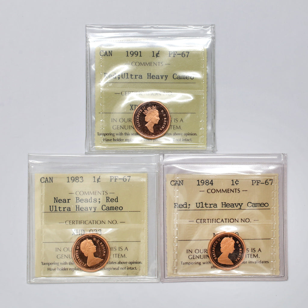Lot of 3x 1983-1991 Canada 1-cents ICCS Certified PF67 UHC Red, 3pcs