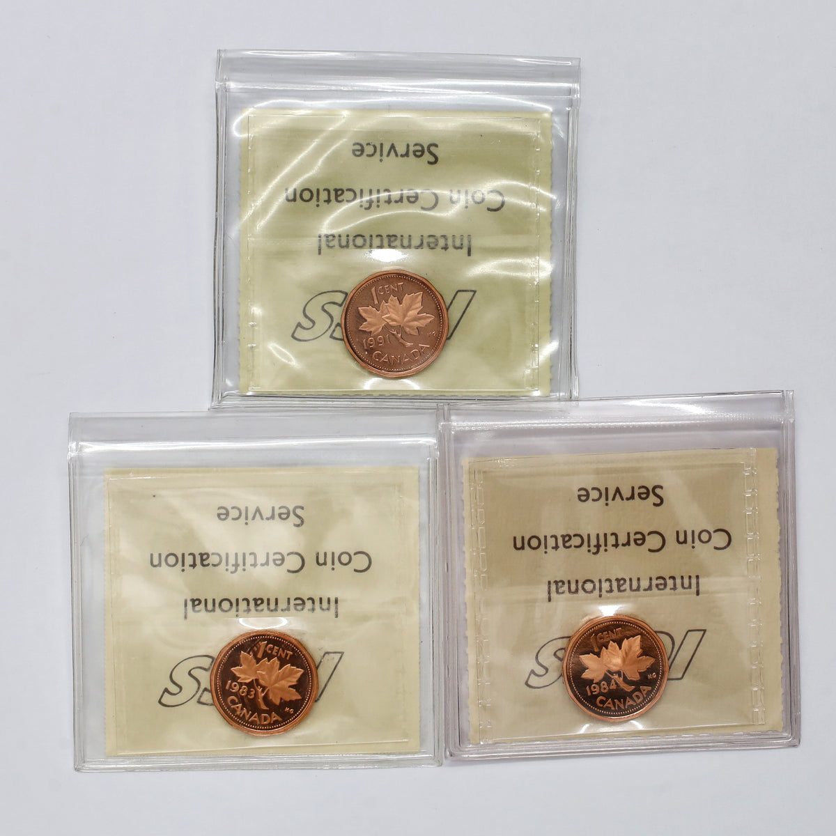 Lot of 3x 1983-1991 Canada 1-cents ICCS Certified PF67 UHC Red, 3pcs