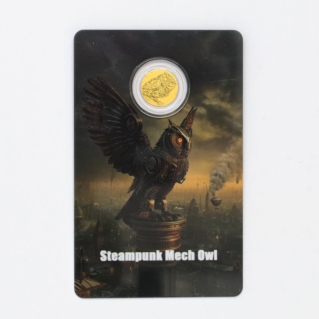 Liberia 2026 $12 Steampunk Mech Owl 1/1000 oz. .9999 Gold Round in Card (No Tax) scuffs