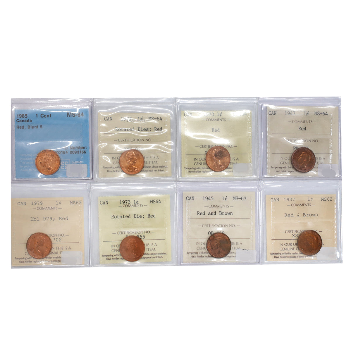Lot of 8x 1937-1985 Canada 1-cents Certified MS62 to MS64 Red, 8pcs
