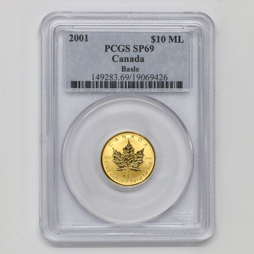2001 Canada $10 Baselstab Privy 1/4 oz. .9999 Gold Maple Leaf PCGS Cert. SP69 (No Tax)