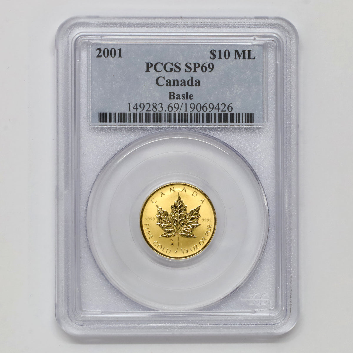 2001 Canada $10 Baselstab Privy 1/4 oz. .9999 Gold Maple Leaf PCGS Cert. SP69 (No Tax)