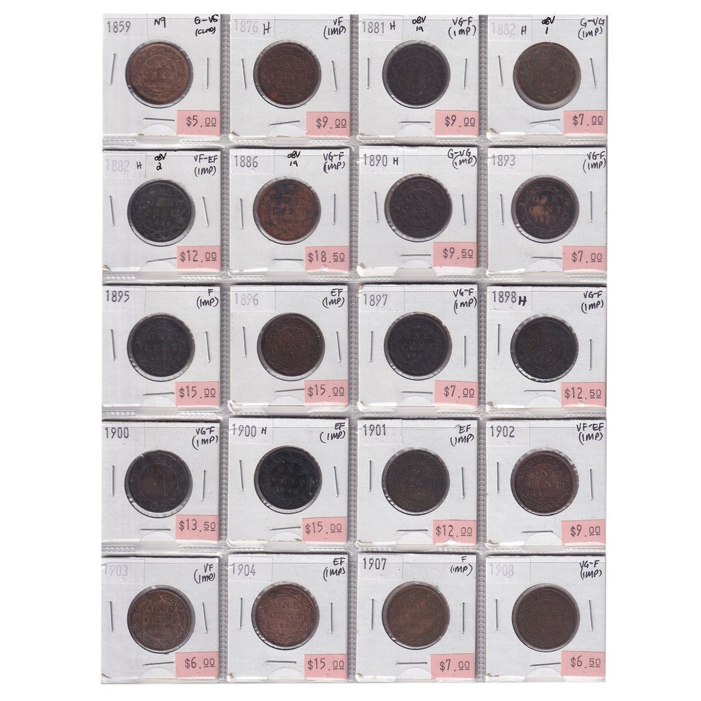 Group Lot of 20x 1859-1908 Canada 1-cents, G-VG to Extra Fine, 20pcs