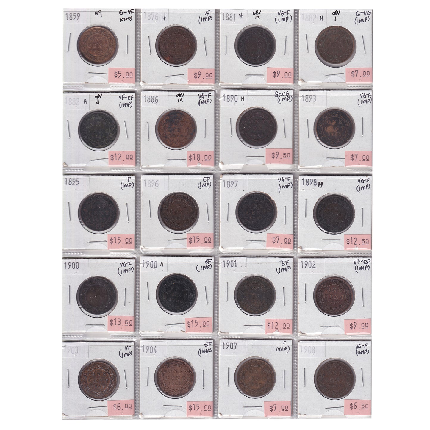 Group Lot of 20x 1859-1908 Canada 1-cents, G-VG to Extra Fine, 20pcs