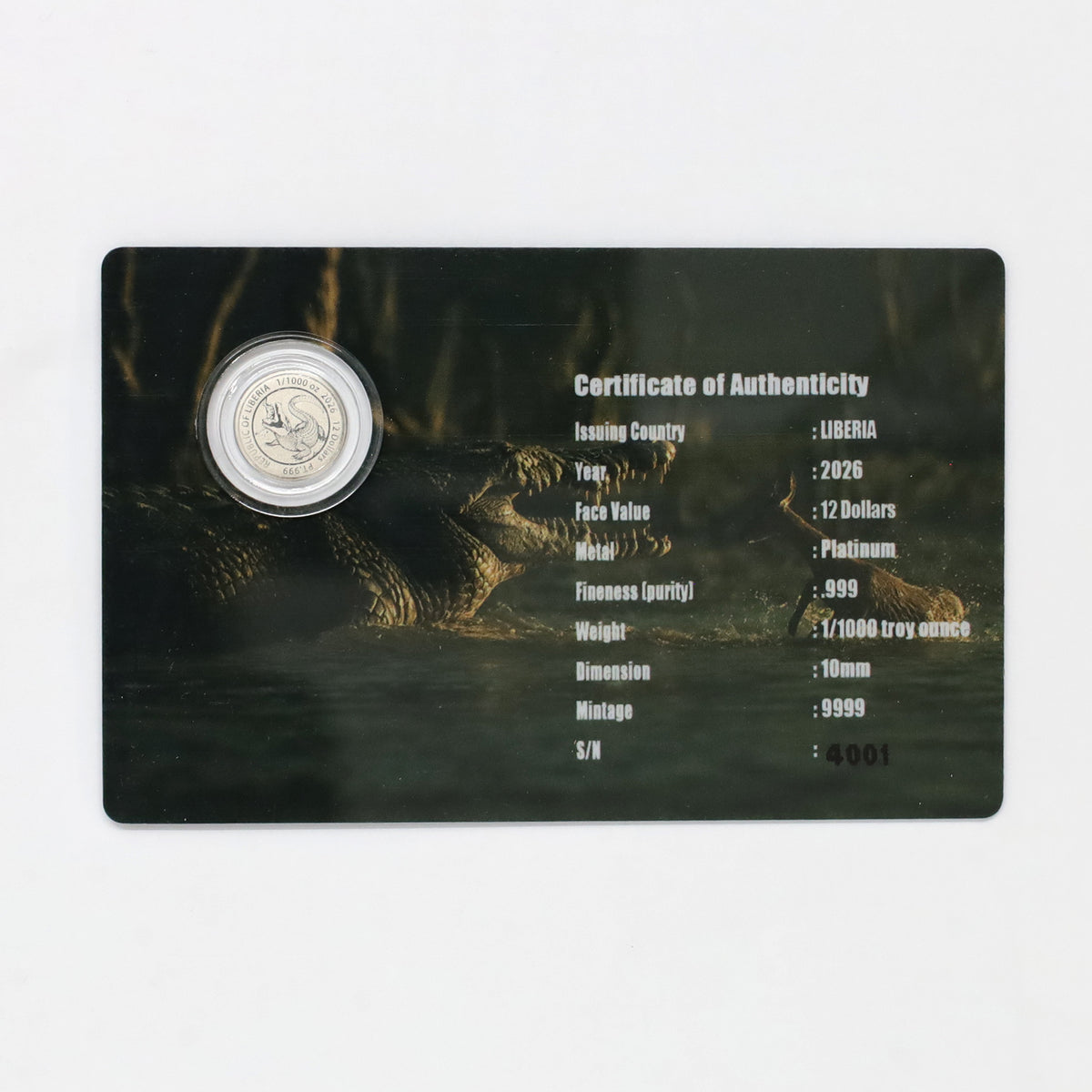 Liberia 2026 $12 Gustave Crocodile 1/1000 oz .9999 Platinum Round in Card (No Tax) scuffs