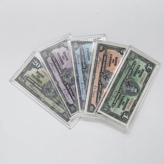 Lot of 5x Canada 1937 Banknotes, $1/$2/$5/$10/$20 Rainbow! In Acrylic Cases, 5pcs