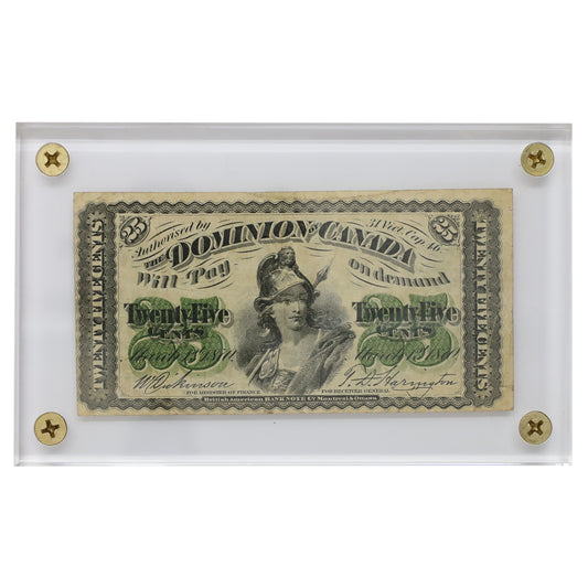 1870 Dominion of Canada 25-cent Shinplaster, Dickinson-Harrington, in Acrylic Display