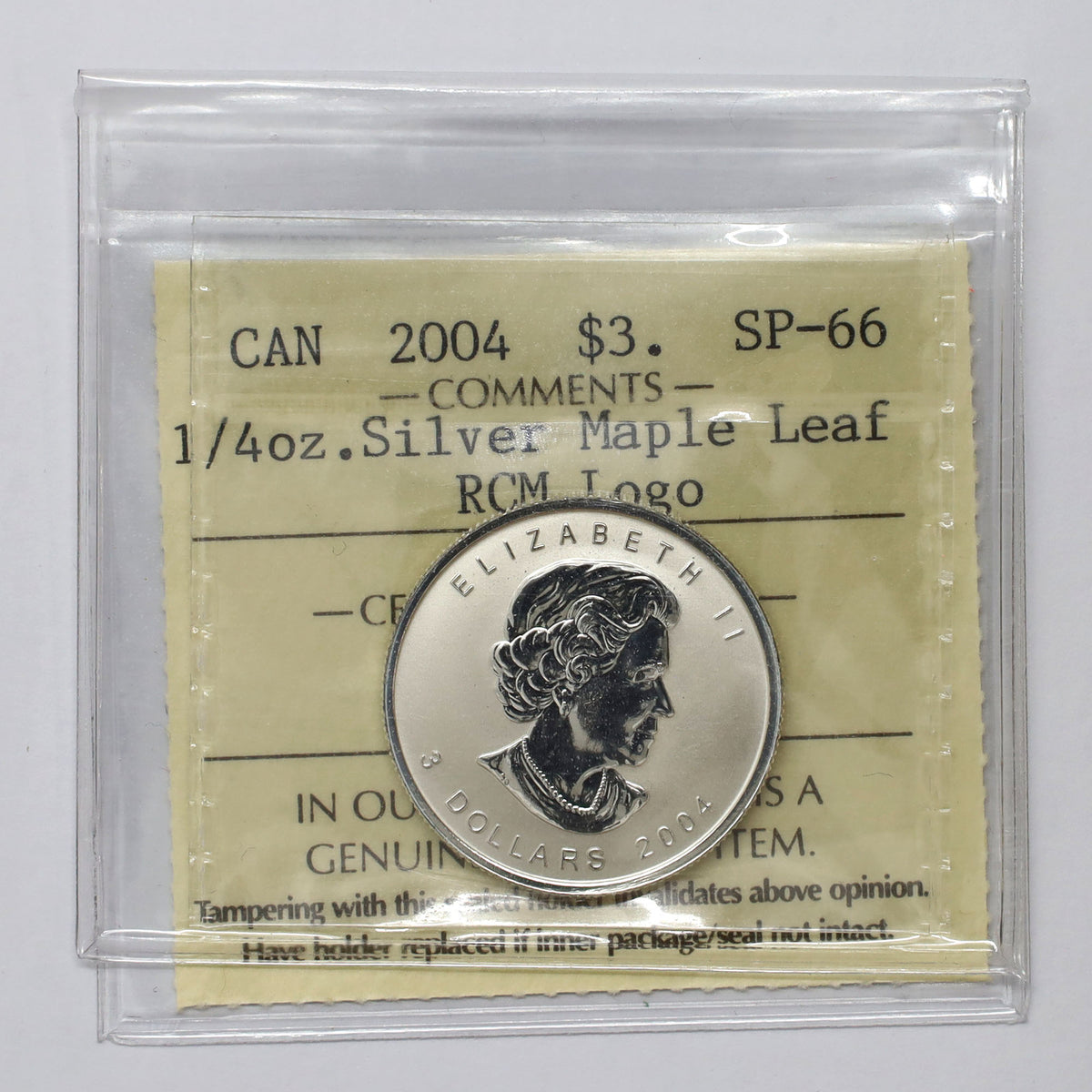 2004 Canada $3 RCM Privy Mark 1/4oz. .9999 Silver Maple Leaf ICCS Certified SP66 (No Tax)
