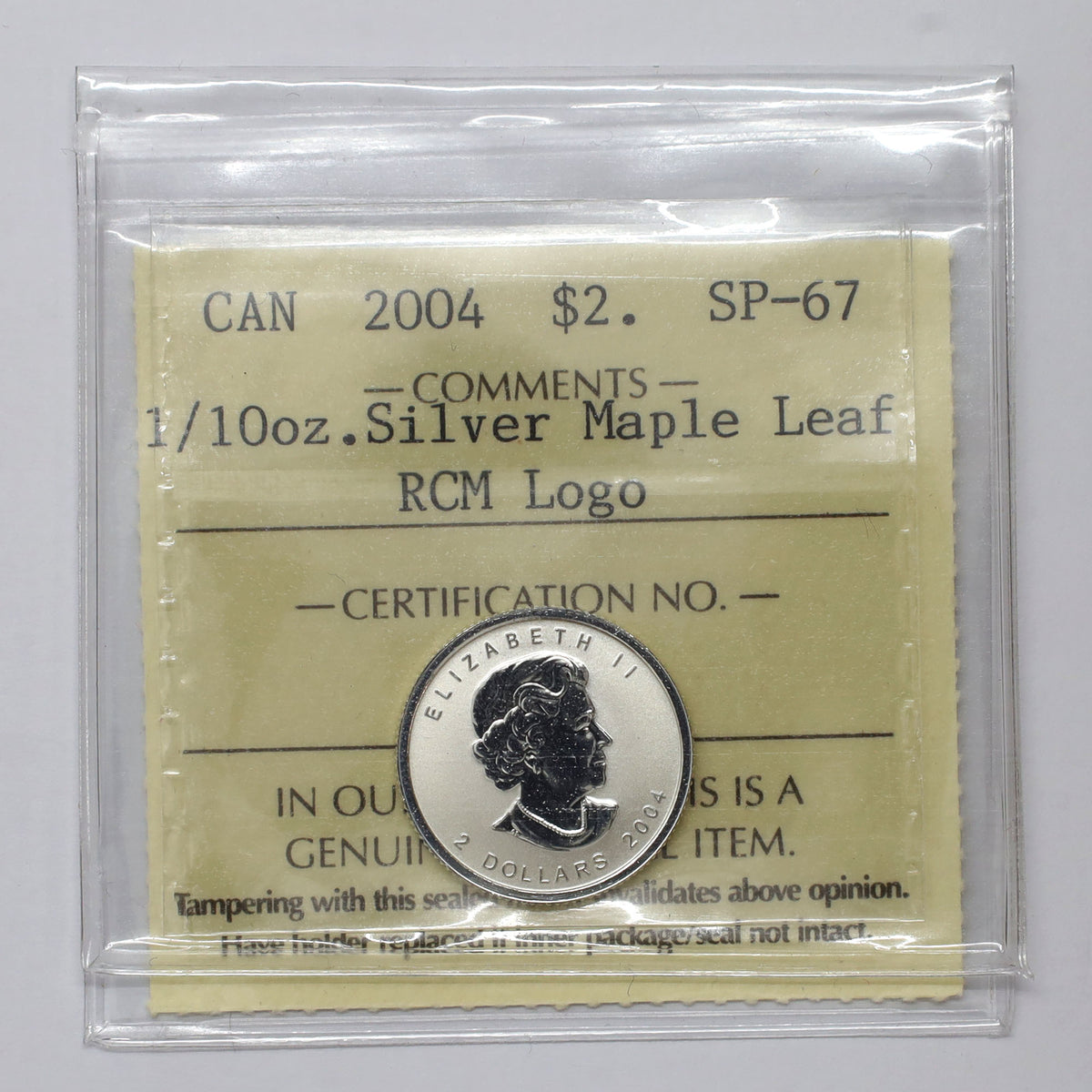2004 Canada $2 RCM Privy Mark 1/10oz. .9999 Silver Maple Leaf ICCS Cert. SP67 (No Tax)