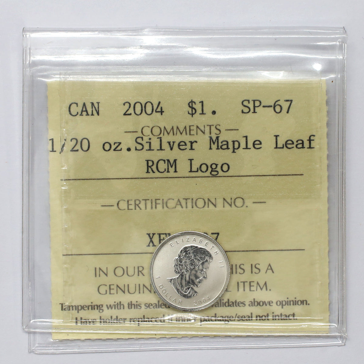 2004 Canada $1 RCM Privy Mark 1/20oz. .9999 Silver Maple Leaf ICCS Cert. SP67 (No Tax)