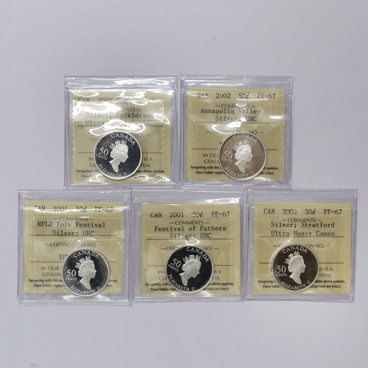 Lot of 5x 2001-2002 Festivals of Canada 50c .925 Silver Coins ICCS Cert. PF67 UHC, 5pcs