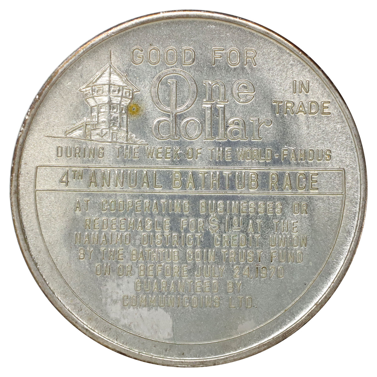 1970 Nanaimo, BC, 4th Annual Bathtub Race Commemorative Silver-Plated Dollar Token