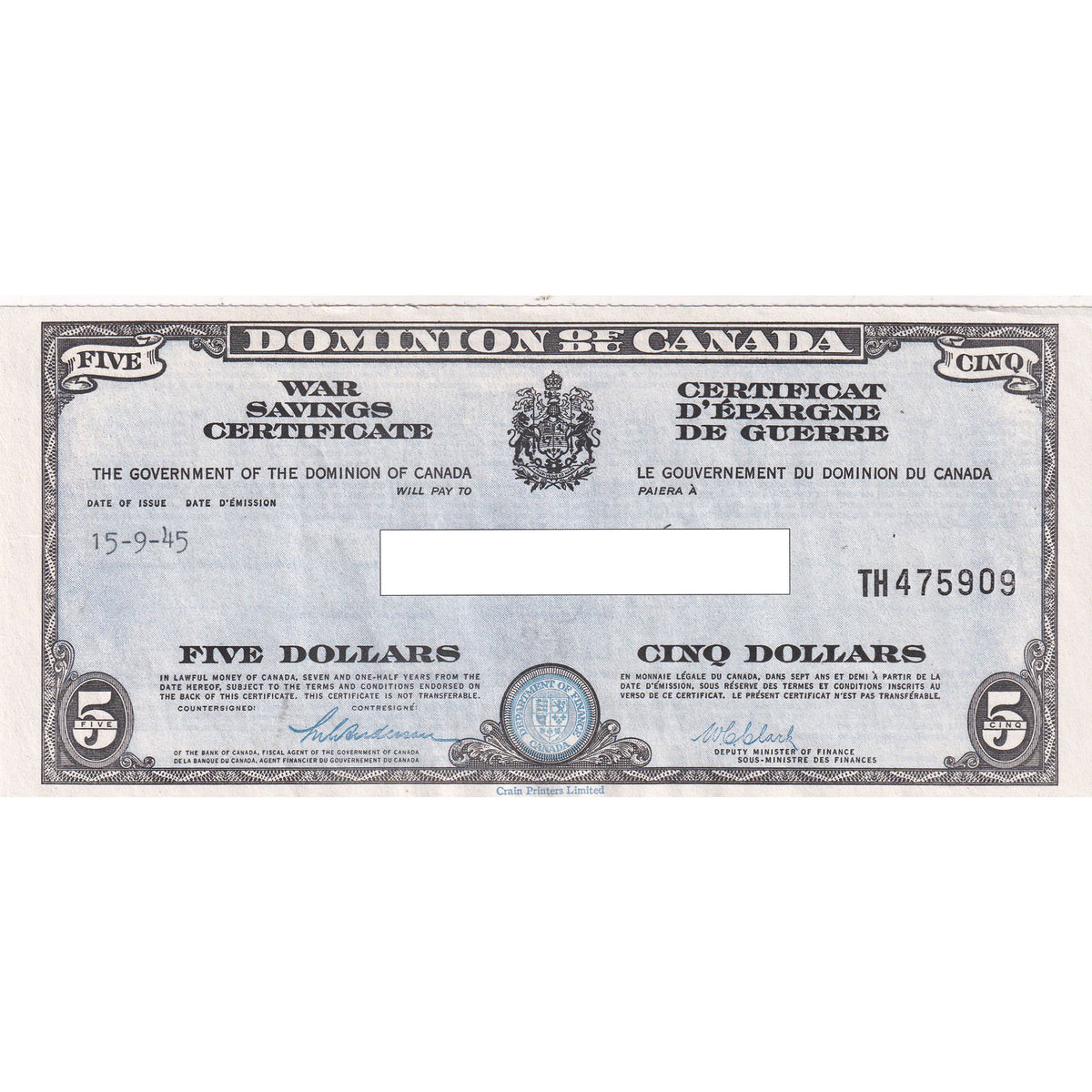 1945 Dominion of Canada $5 War Savings Certificate