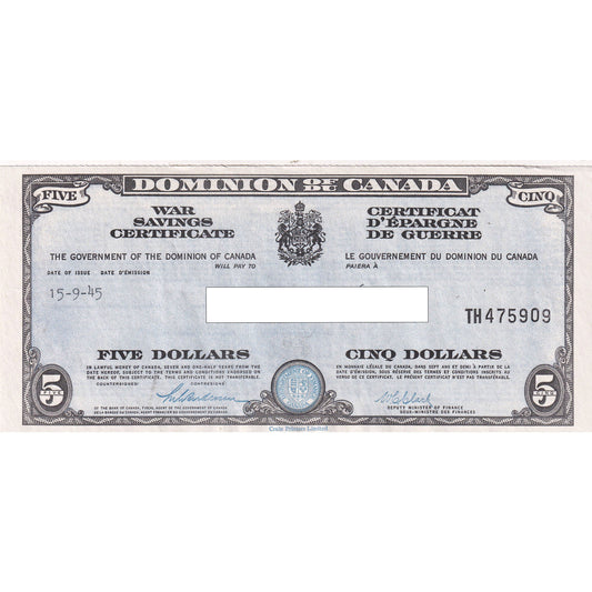 1945 Dominion of Canada $5 War Savings Certificate