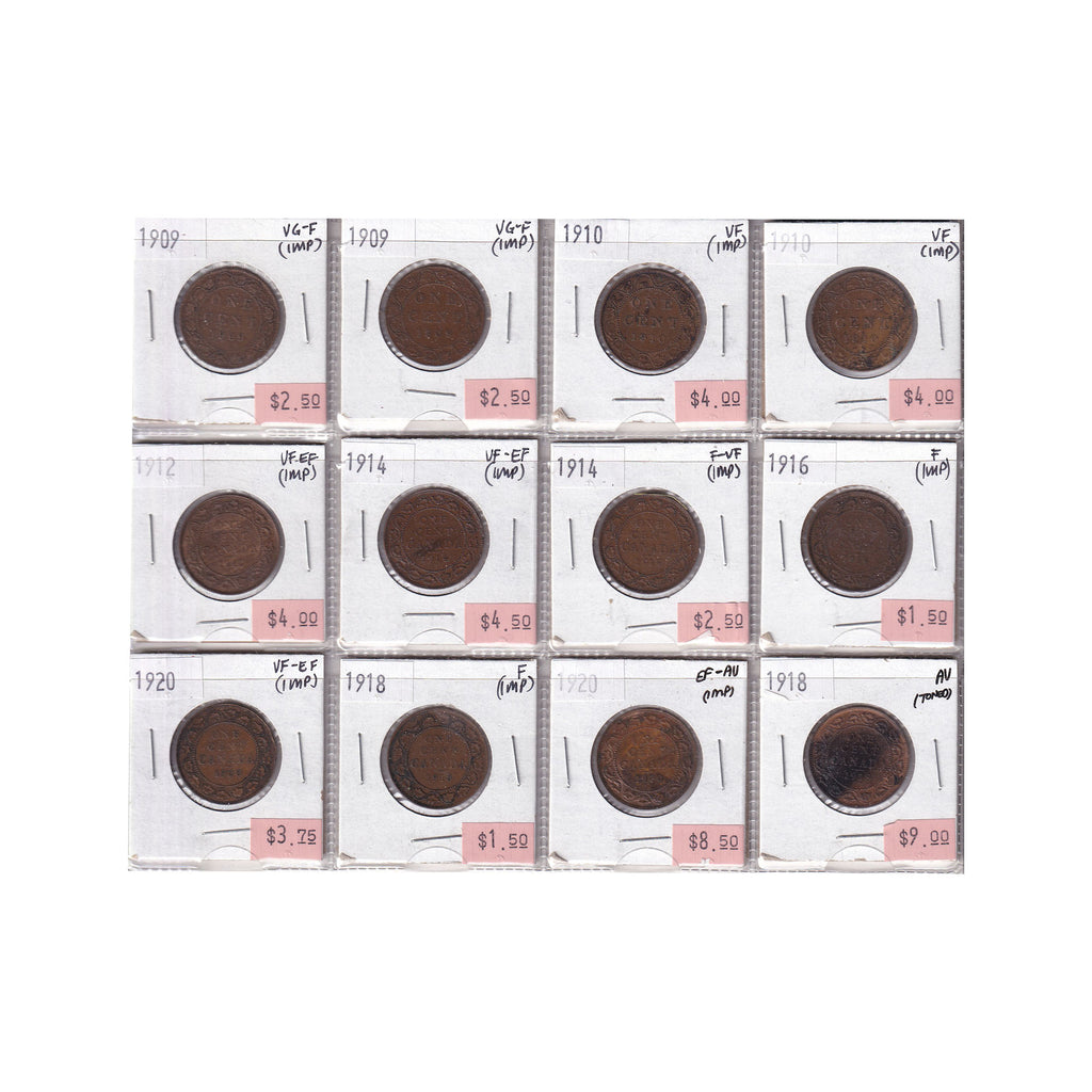 Group Lot of 12x 1909-1920 Canada 1-cent VG-F to AU, 12pcs