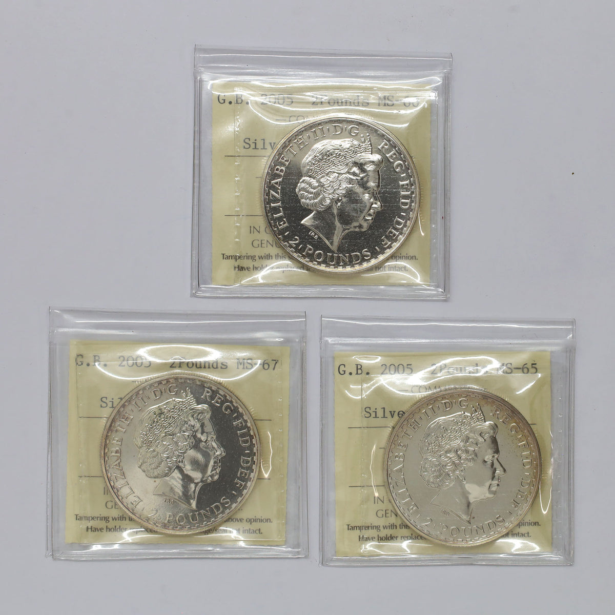 Lot of 3x 2005 GB 2GBP Britannia 1 oz. .958 Fine Silver ICCS Certified MS65 to MS67