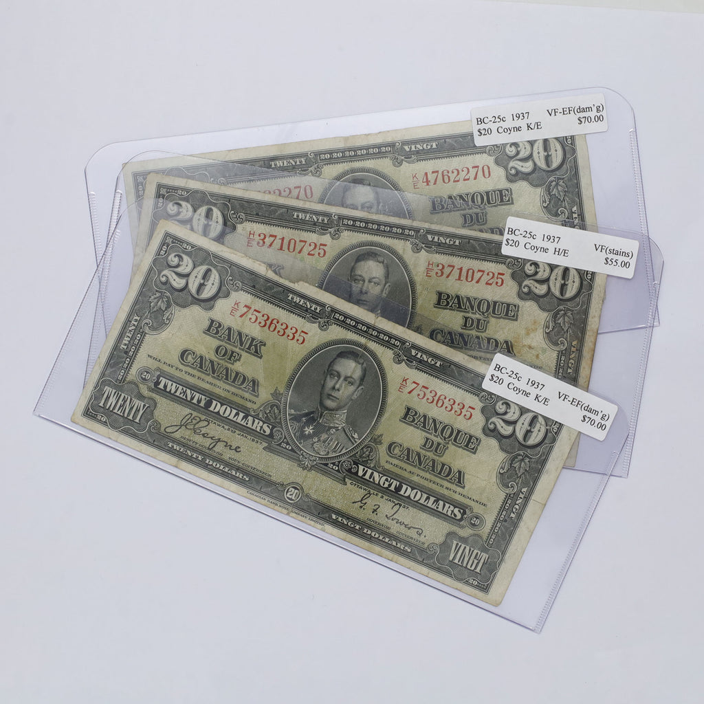 Lot of 3x BC-25c 1937 Canada $20 Notes, Various Prefixes, VF to VF-EF, 2pcs (issues)