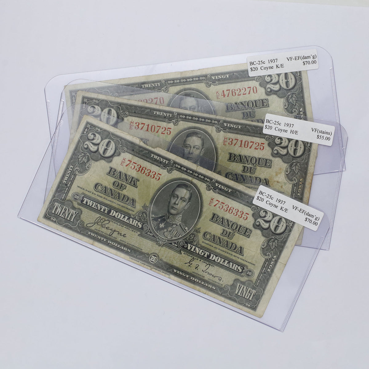 Lot of 3x BC-25c 1937 Canada $20 Notes, Various Prefixes, VF to VF-EF, 2pcs (issues)