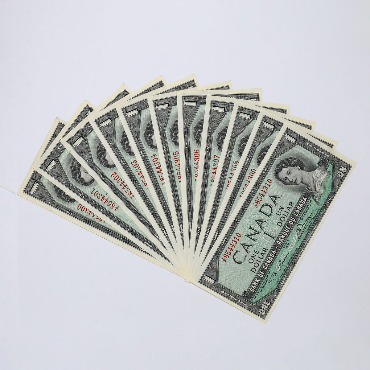 Lot of 11x Sequential 1954 Canada $1 Lawson-Bouey, Y/F, 11pcs