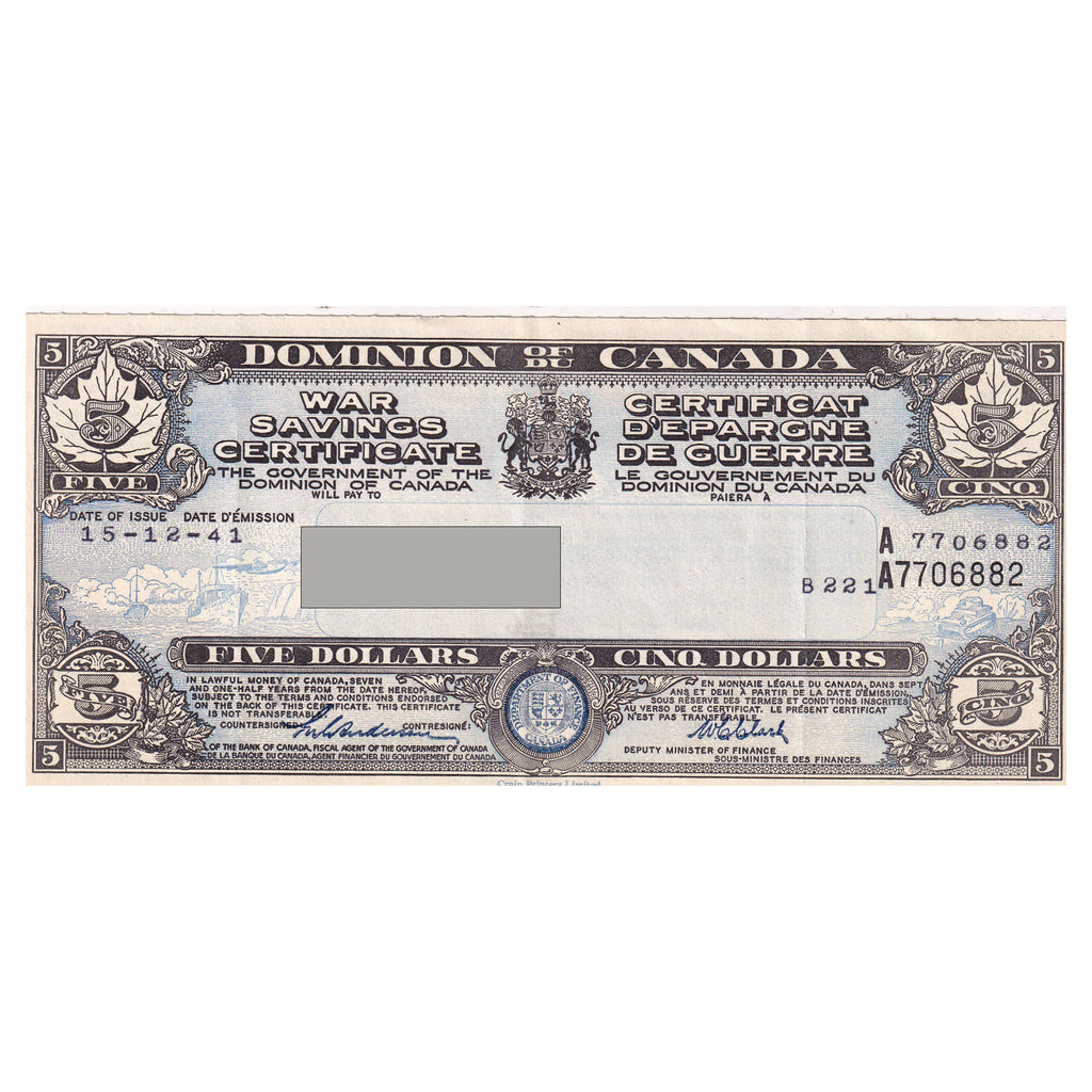 1941 Dominion of Canada $5 War Savings Certificate