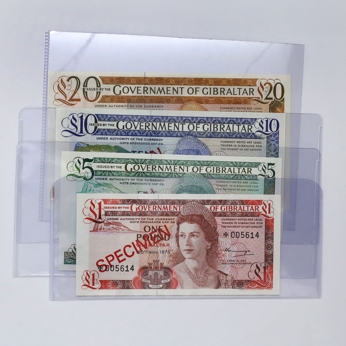 Lot of 4x Gibraltar 1978 Banknotes from Specimen Set w/COA, 4pcs