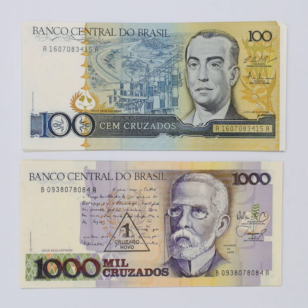 Lot of 19x Brazil 1986-1988 Sequential 100 & 1000 Cruzados Banknotes, 19pcs