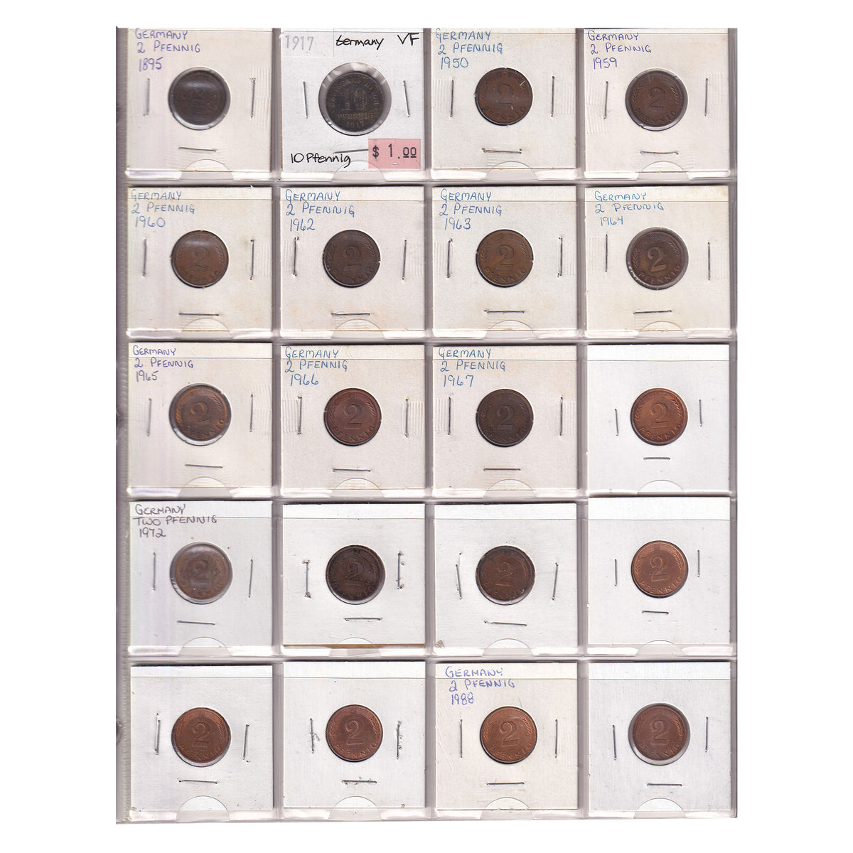 Group Lot of 60x Germany 1859-1988 1 to 10 Pfenning Coins, 60pcs