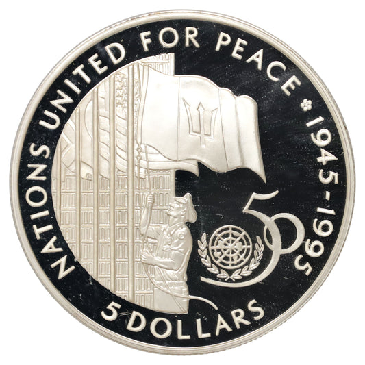 Barbados 1995 $5 50th Anniversary of the United Nations Sterling Silver Coin (light wear)