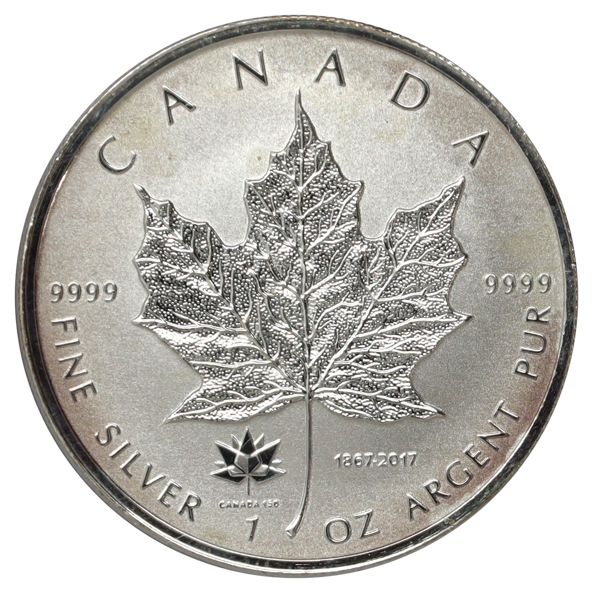 2017 $5 Canada 150 Iconic Maple Leaf 1oz. Fine Silver (No Tax) toned
