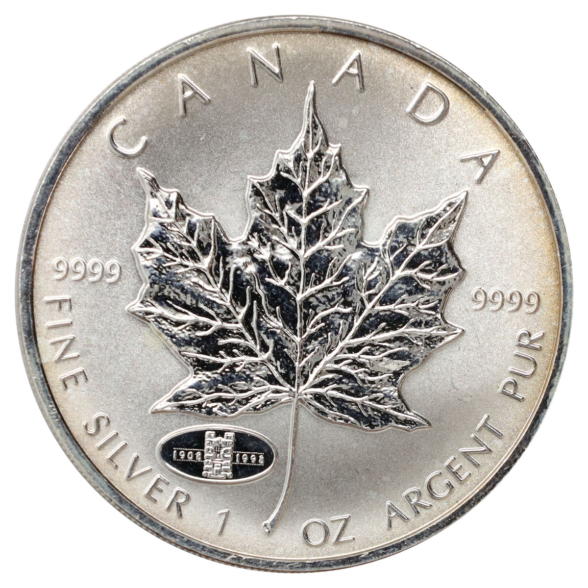 1908-1998 90th Anniversary of the RCM Privy 1oz. Fine Silver Maple Leaf (No Tax) toned