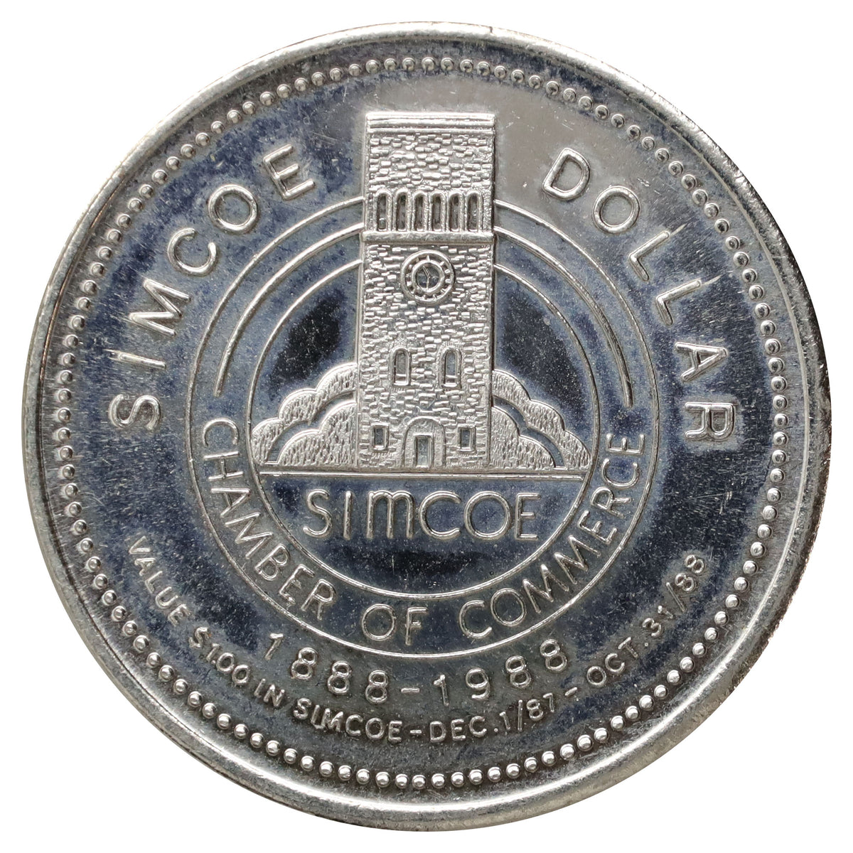 1988 Simcoe, ON, Centennial Christmas Panorama Trade Dollar