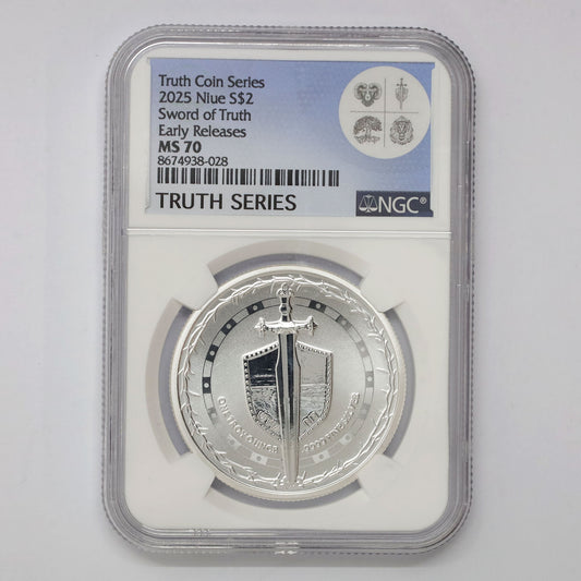 Niue 2025 $2 Truth Series Sword of Truth .9999Ag NGC Cert. MS70 Early Release (No Tax)