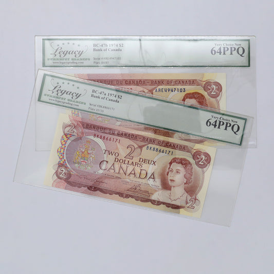 Pair of 1974 Canada $2 Banknotes, Legacy Certified CUNC64 PPQ