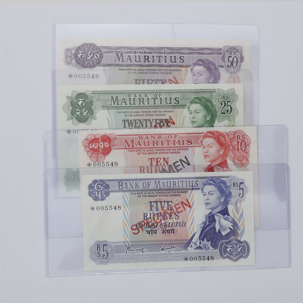 Lot of 4x Mauritius 1978 Banknotes from Specimen Set w/COA, 4pcs