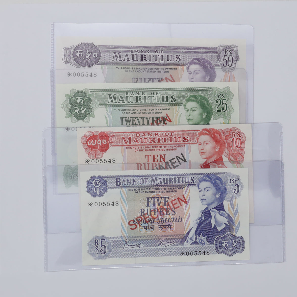 Lot of 4x Mauritius 1978 Banknotes from Specimen Set w/COA, 4pcs