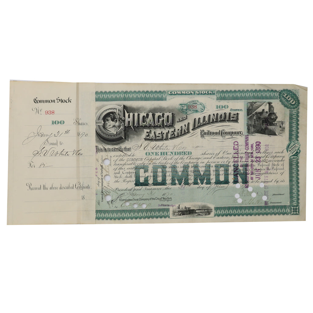 1890 USA Chicago & Eastern Illinois Railroad Company Stock Certificate
