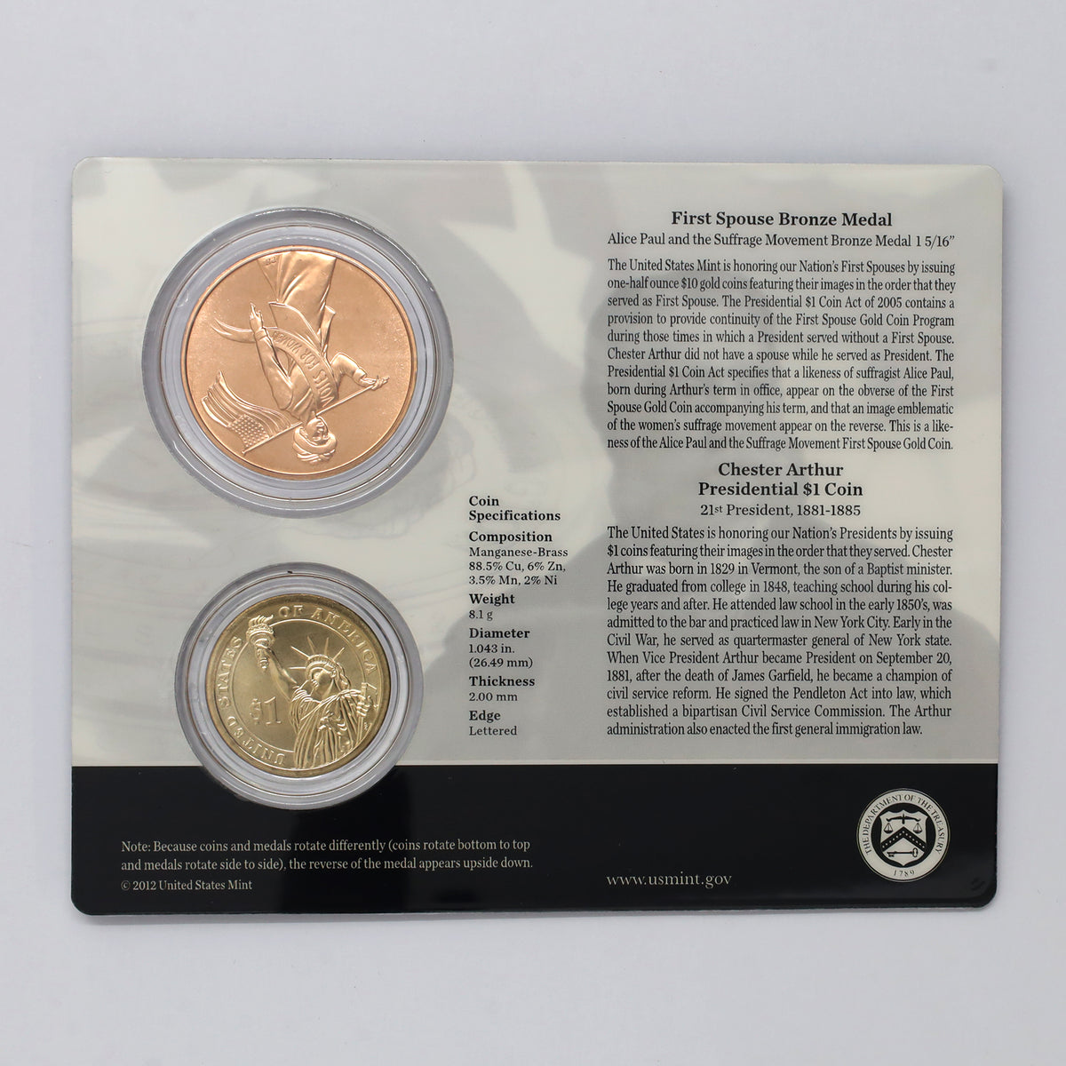 2012 USA Alice Paul & Chester Arthur First Spouse $1 Presidential Coin & Medal Set