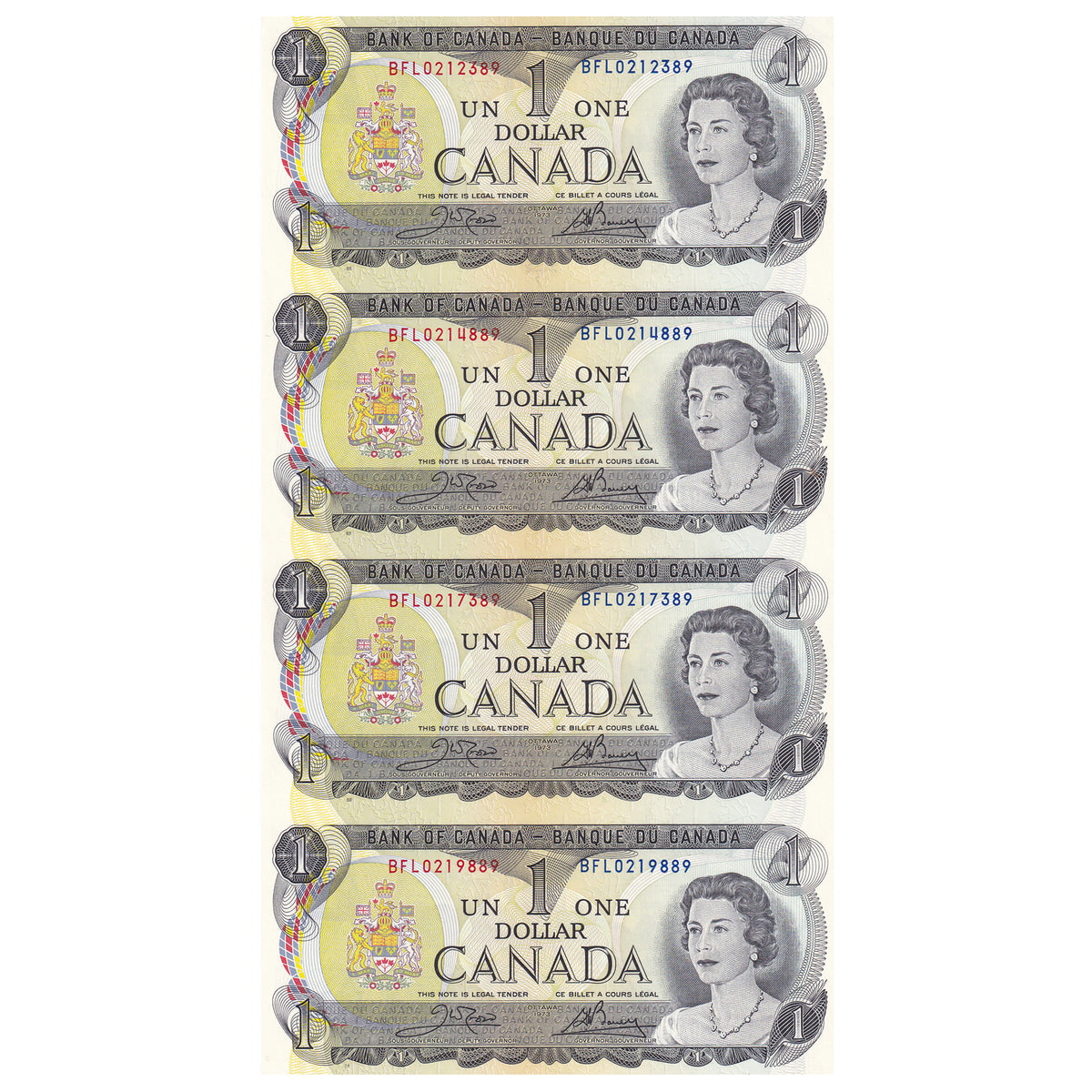 Lot of 4x Uncut 1973 Canada $1 Notes, Crow-Bouey, BFL