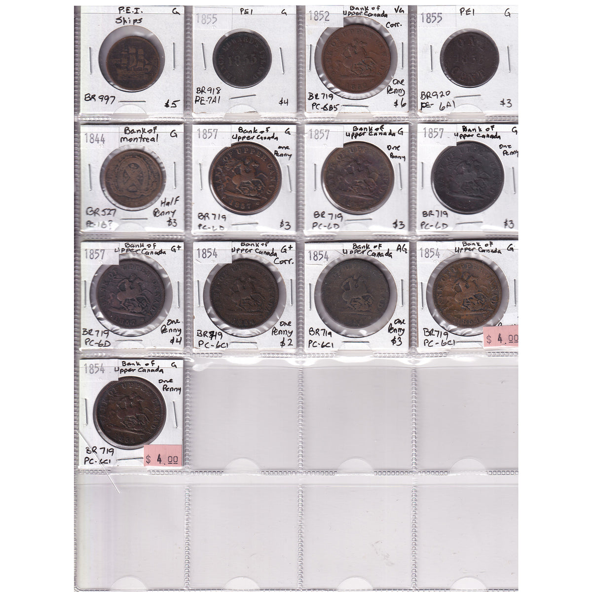 Group Lot of 13x Canada 1850s Bank Tokens, About Good to Very Good, 13pcs