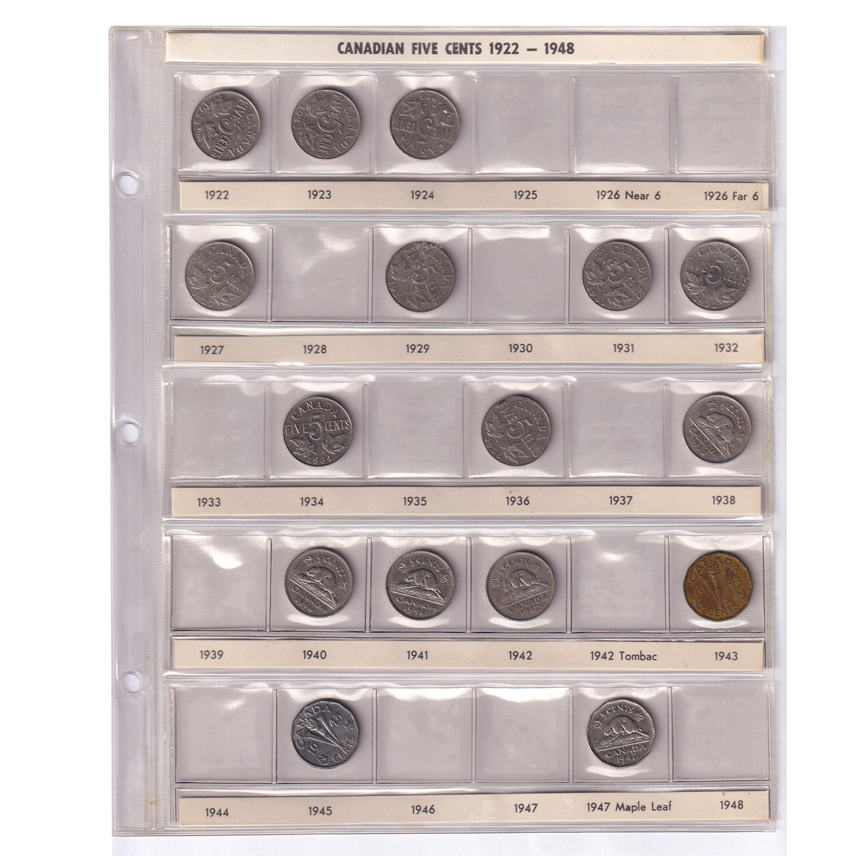Estate Lot of 37x 1922-1969 Canada 5-cents in Brown Harco Album (sold as-is)