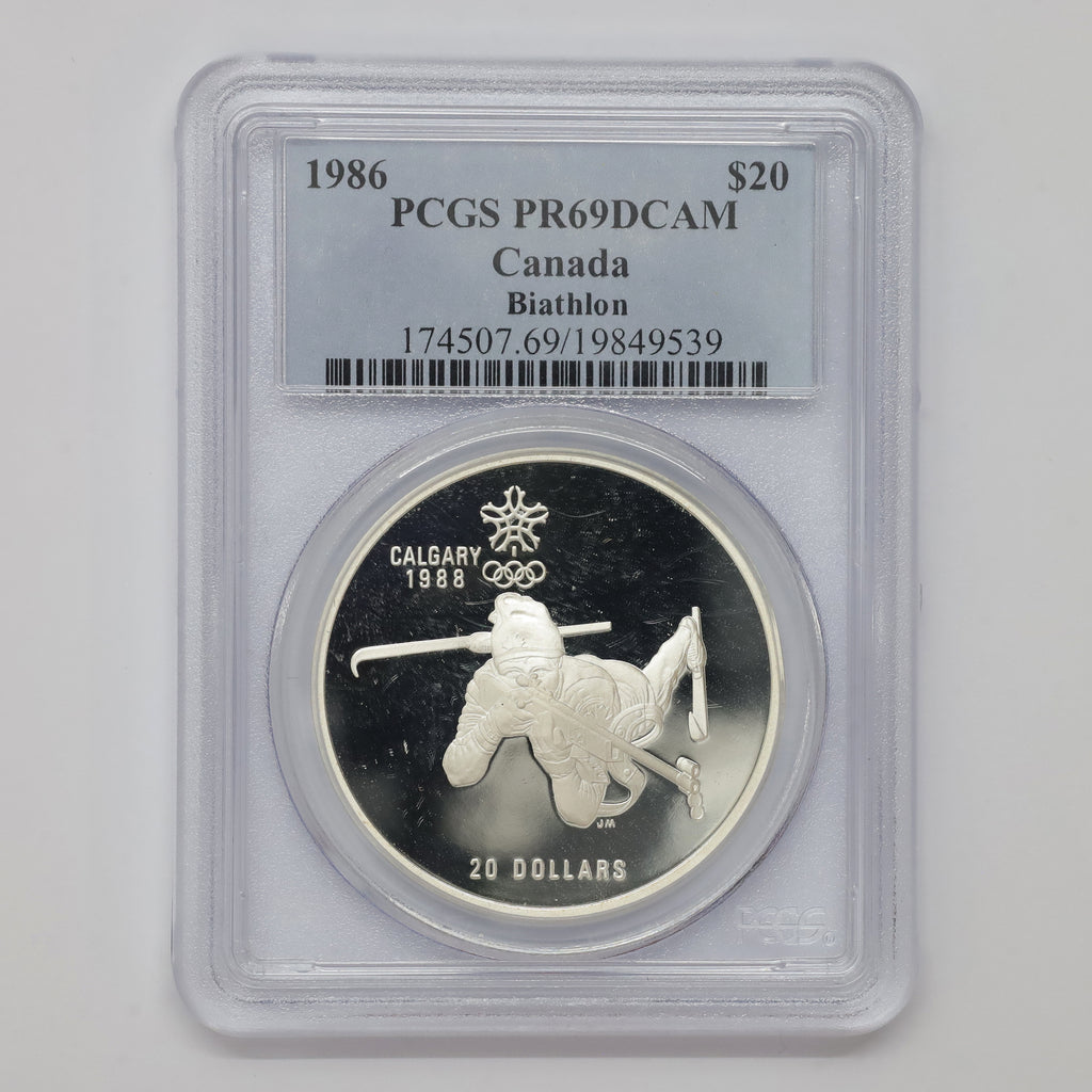 1986 Canada $20 Calgary Winter Olympics Biathlon Sterling Silver PCGS Certified PR69 DCAM
