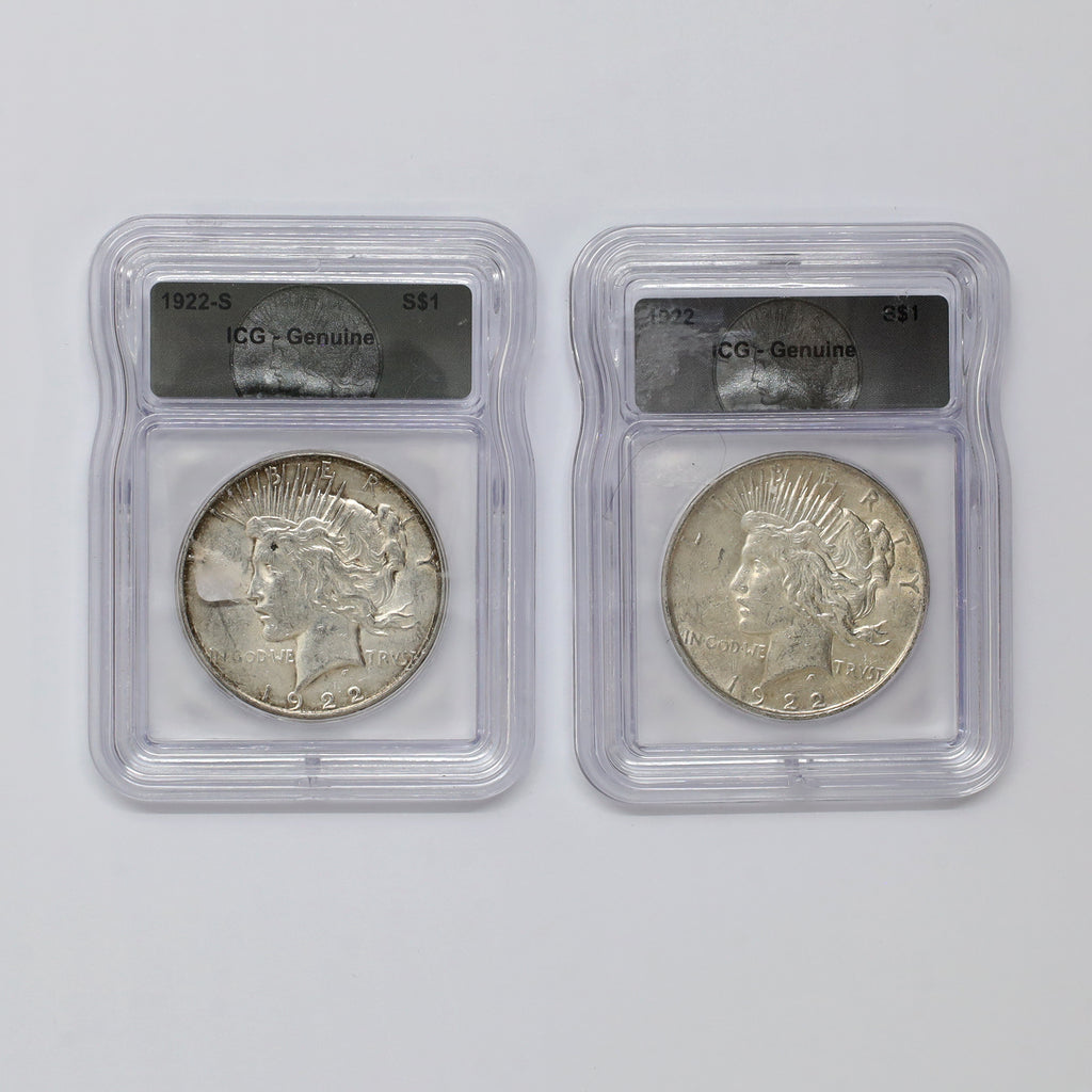 Pair of 1922 USA Silver Peace Dollars ICG Certified Genuine, 2pcs