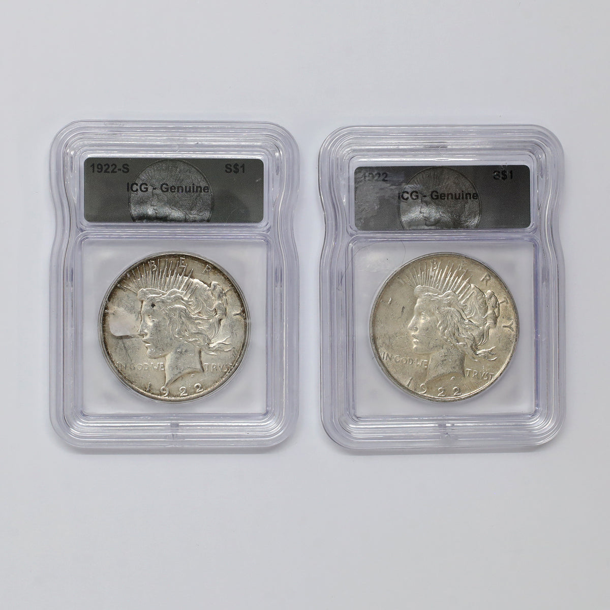 Pair of 1922 USA Silver Peace Dollars ICG Certified Genuine, 2pcs