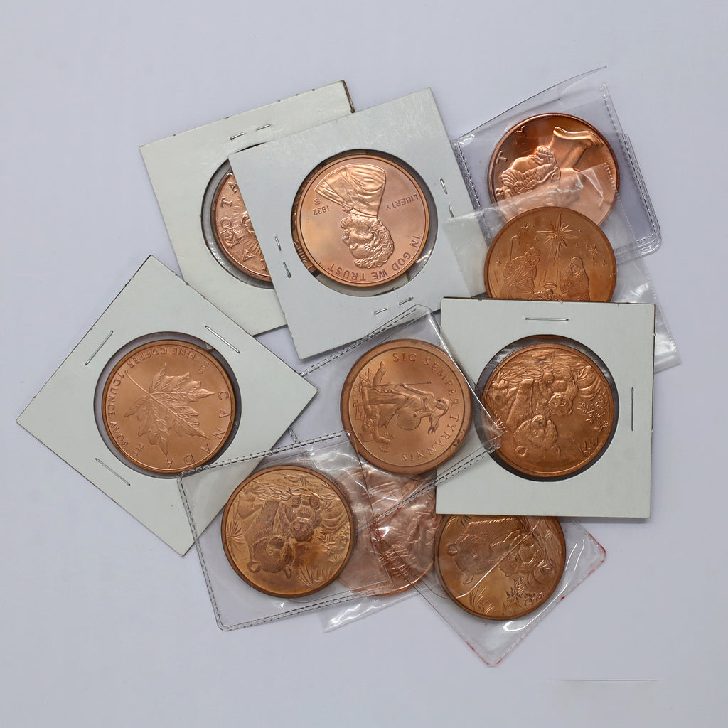 Lot of 10x USA 1oz. .999 Fine Copper Rounds, Various Designs, 10pcs