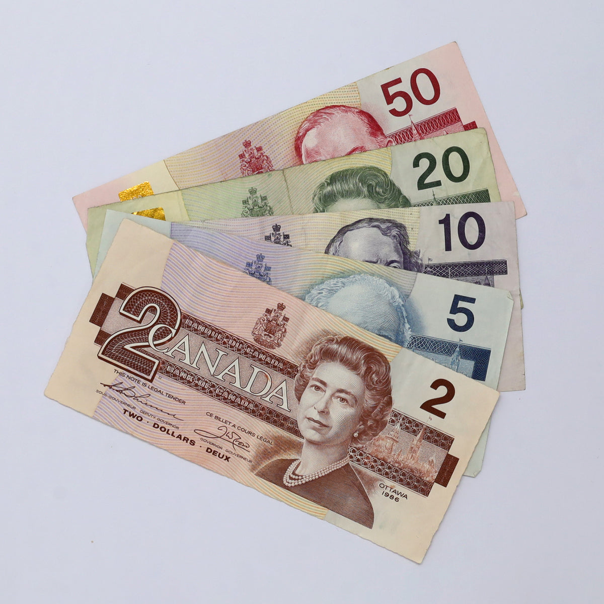Lot of 5x 1985-1991 Canada $2 to $50 Bird Series Banknotes, 5pcs