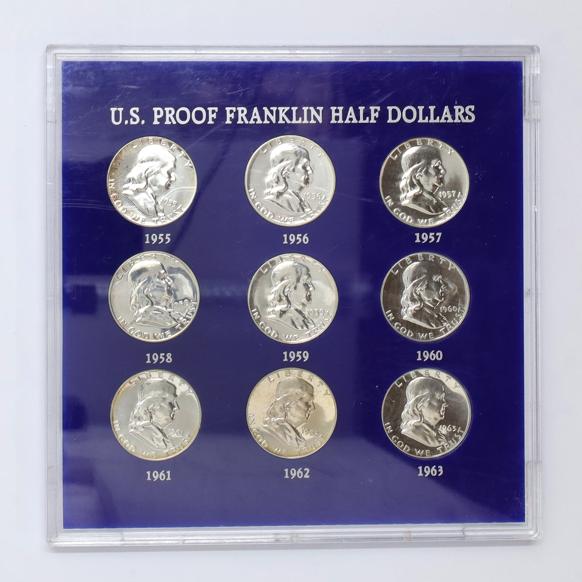 1955-1963 USA Proof Franklin Half Dollars Silver 9-Coin Set (light scuffs)
