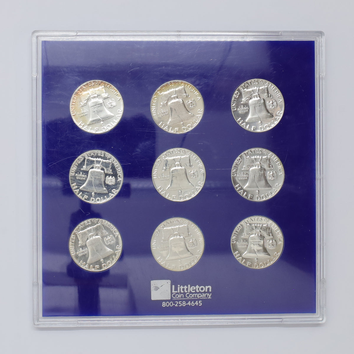 1955-1963 USA Proof Franklin Half Dollars Silver 9-Coin Set (light scuffs)