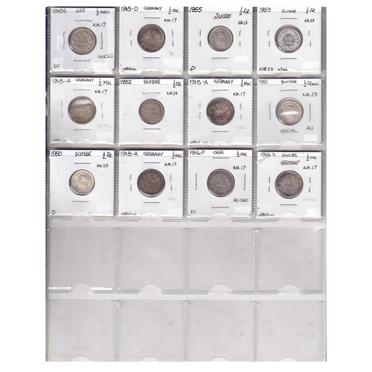 Group Lot of 12x Germany & Switzerland 1916-1955 Silver Coins, 12pcs